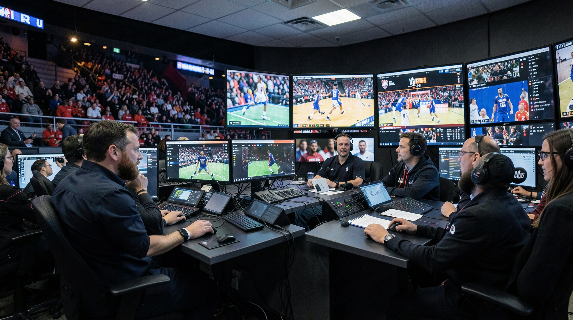 A sports control room with live NBA feeds and audience dashboards