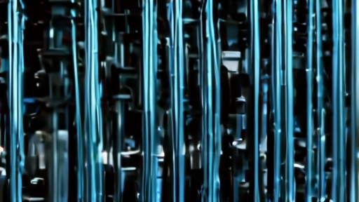 Fiber-optic cables glow inside a dense AI data-center network rack