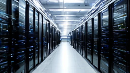Technicians inspecting black server racks and fiber cabling in a data center aisle