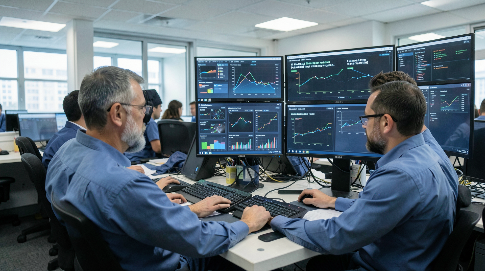 Engineers watching AI model traffic and budget alerts in a network operations room