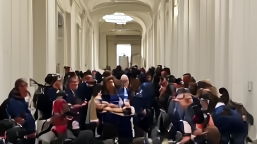 Lawmakers and reporters gathered outside a Justice Department hearing room