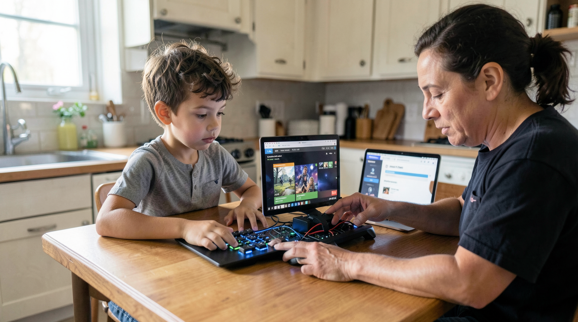 A parent reviews a child's gaming account settings and in-game purchase screens