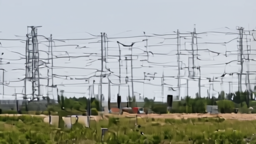 A French industrial power site with transmission lines and survey stakes