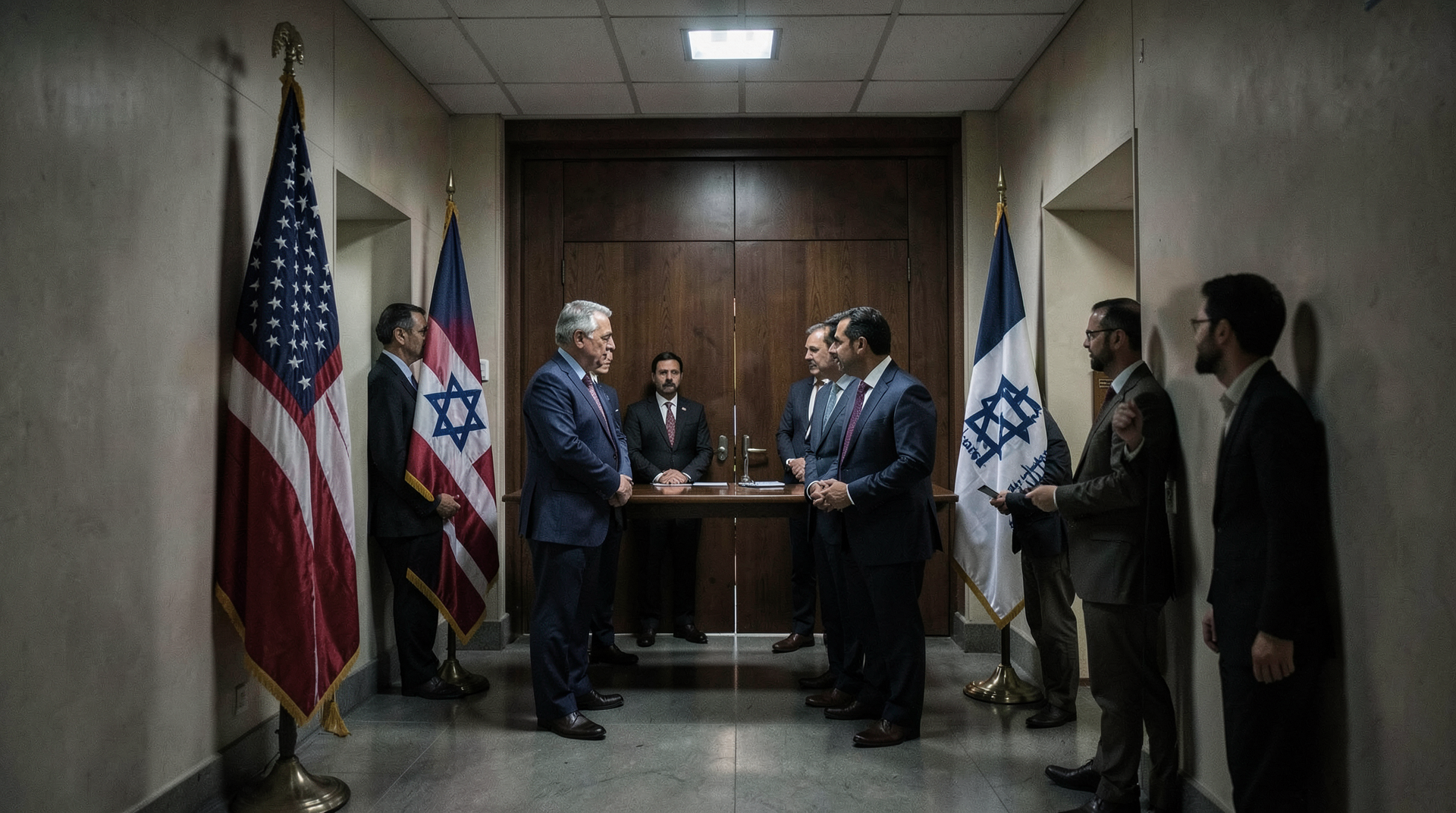 U.S., Israeli and Lebanese flags outside a closed diplomatic meeting room