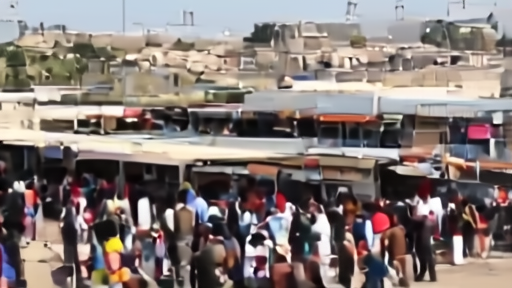 Young people leaving a school near a crowded bus stop in a low-resource city