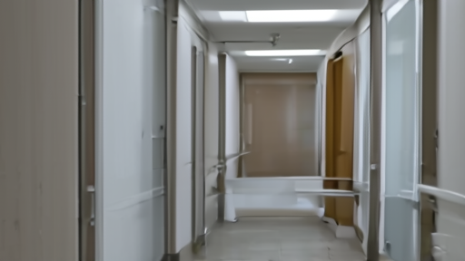 A quiet maternity ward hallway with a nurse reviewing a clipboard