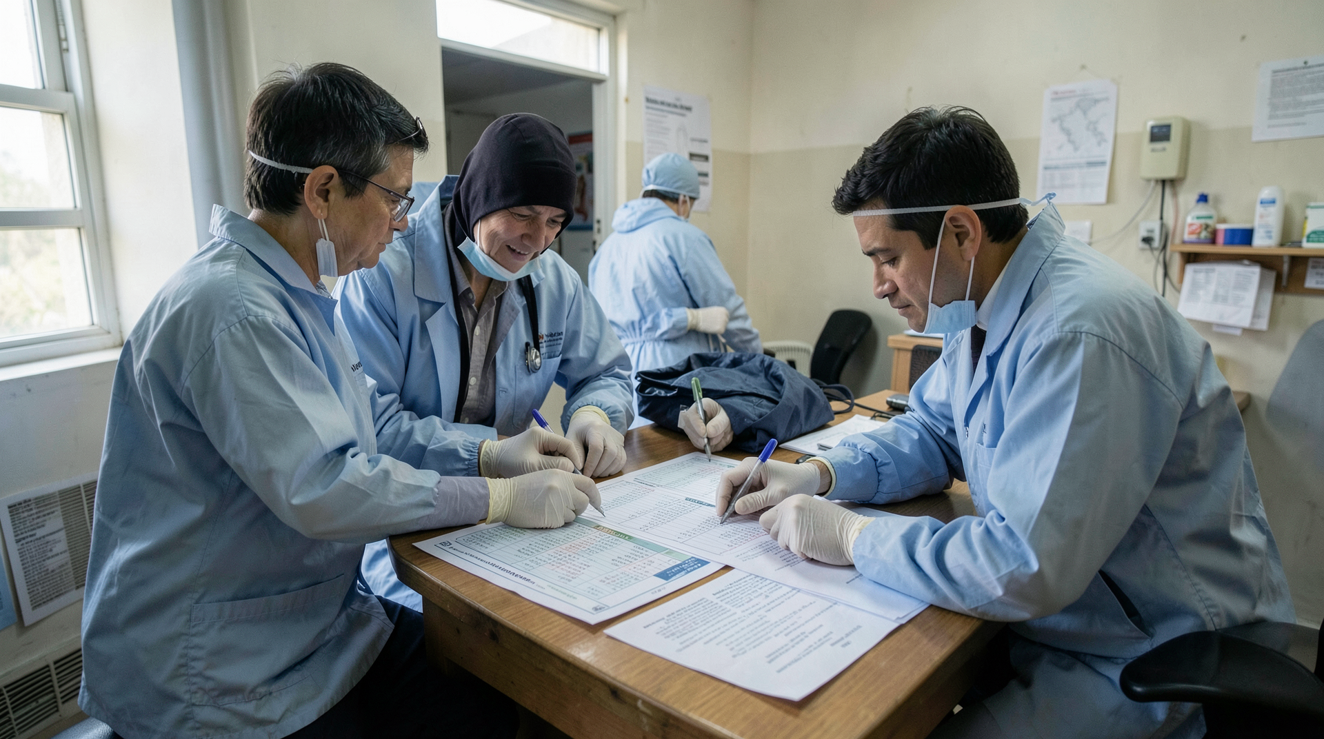 Public-health workers compare outbreak tables and travel notices on a clinic desk