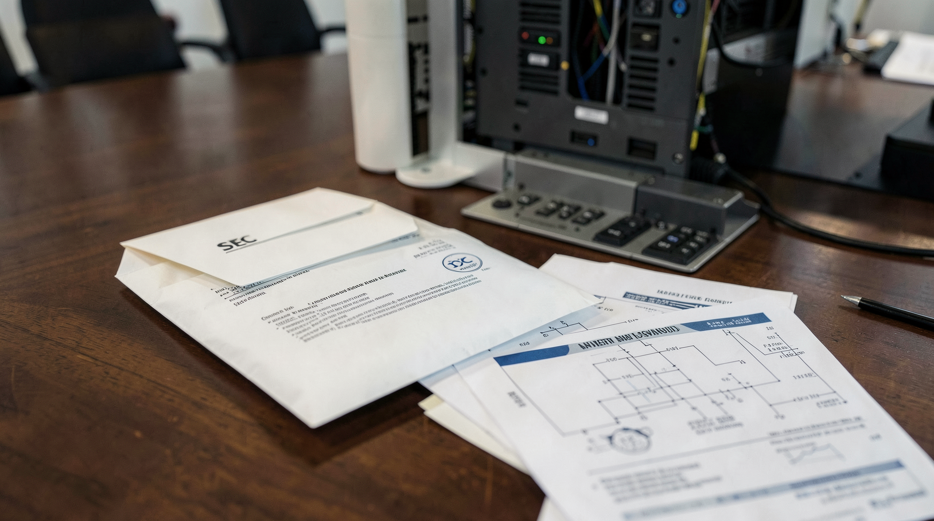 A sealed SEC filing envelope beside server schematics and investor documents