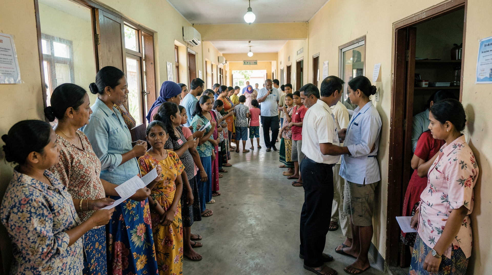 Parents wait with paper records in a crowded child vaccination clinic corridor in Bangladesh