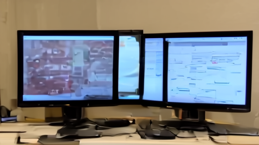 Public-access studio control room with late-night interview paused on monitors