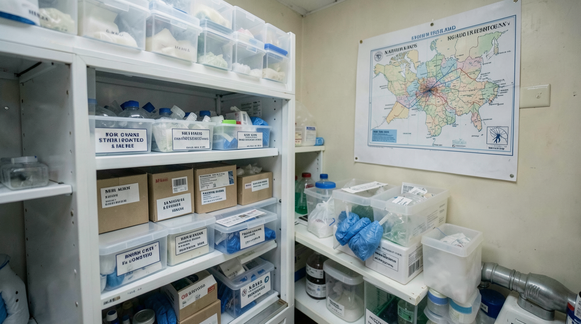 A vaccine research freezer room with sample boxes and an outbreak response map