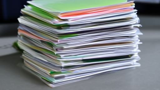 A stack of sealed folders with colored tabs sits beside a dark SEC search screen