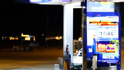 A roadside gas station price board at night with a driver checking a phone beside the pump