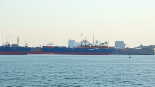 Tankers line a hazy gulf horizon while a harbor worker studies a clipboard