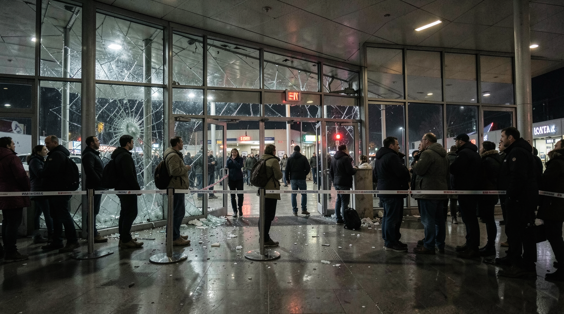 A damaged airport terminal entrance at night behind emergency lights and a security cordon