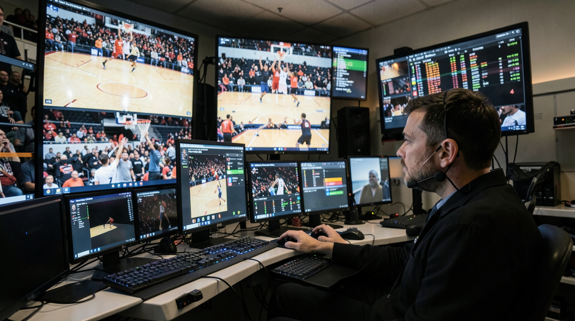 A sports television control room with basketball footage and audience dashboards