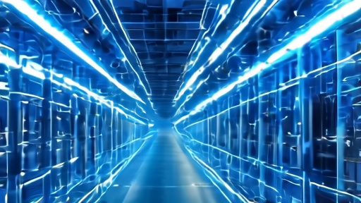 Fiber-optic cables glow inside a vast data-center aisle as technicians inspect a liquid-cooled rack