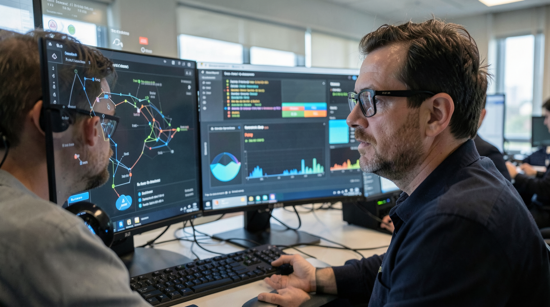 An engineer monitors model-routing dashboards, policy toggles, and security logs
