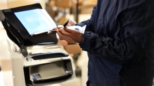 Shopper reviewing an AI purchase approval beside a card terminal