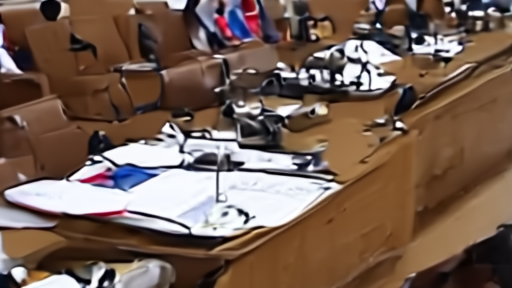 Senate hearing room with microphones and Gulf shipping map on a tablet