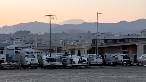 A hospital entrance in Tyre at dusk with ambulances under damaged streetlights
