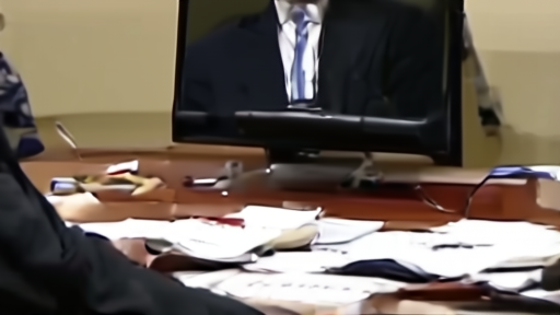 A Senate hearing room monitor shows a witness while staffers review strike reports