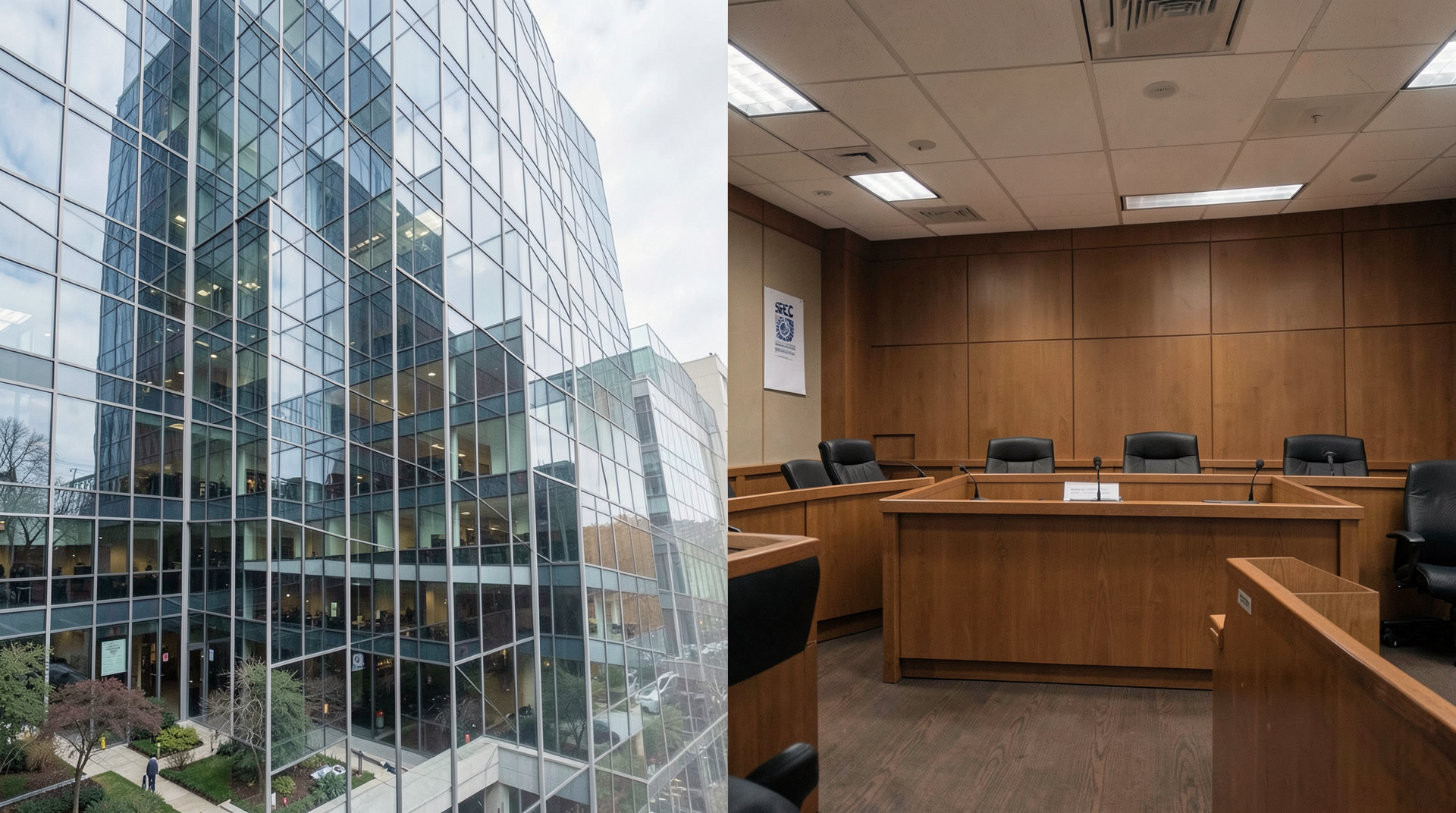 Split image showing Anthropic logo on a glass office building on the left and a congressional hearing room on the right with a faint S-1 document overlaid