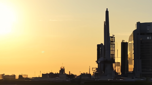 SpaceX Starship rocket on launch pad at sunset with data center buildings in background