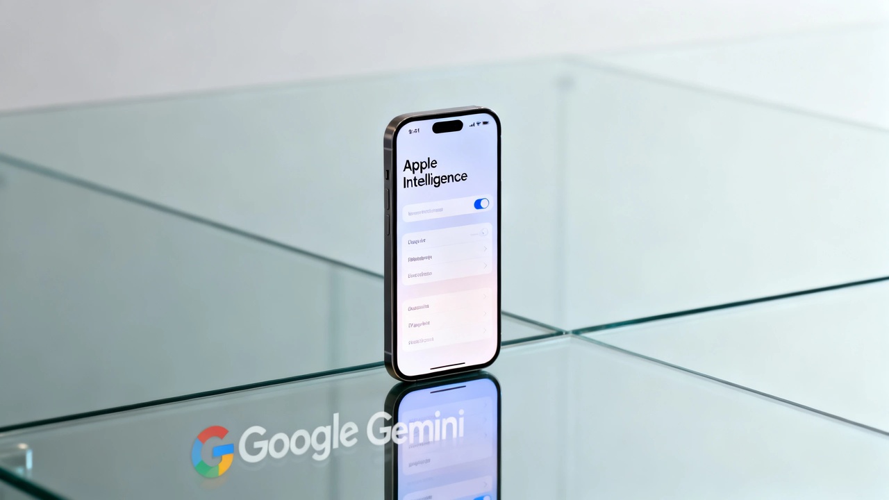 Close-up of an iPhone showing the new Siri AI interface with Apple Intelligence logo, faint Google Gemini logo visible in background through glass reflection