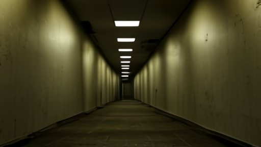 Cinematic still of liminal empty office corridor with fluorescent lighting from the Backrooms film