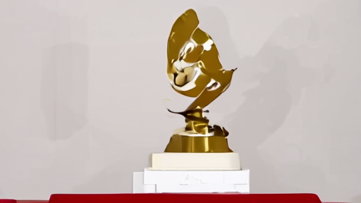 The Palme d'Or trophy on a red-carpet podium with a translucent AI-generated image overlaying the background