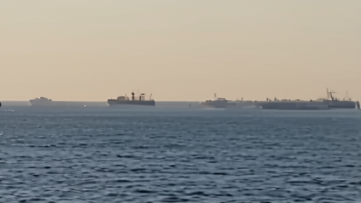 Wide shot of cargo ships anchored in open water, heat haze visible
