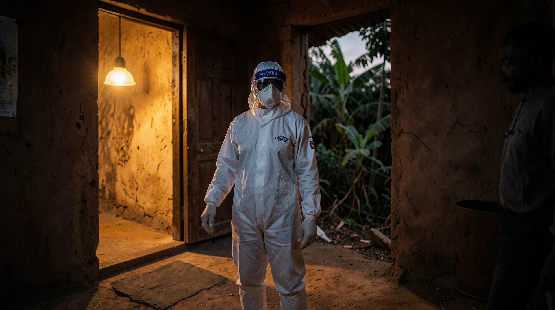 Congolese health worker in full PPE standing outside a rural clinic at dusk, single light visible through doorway, conveying isolation and determination