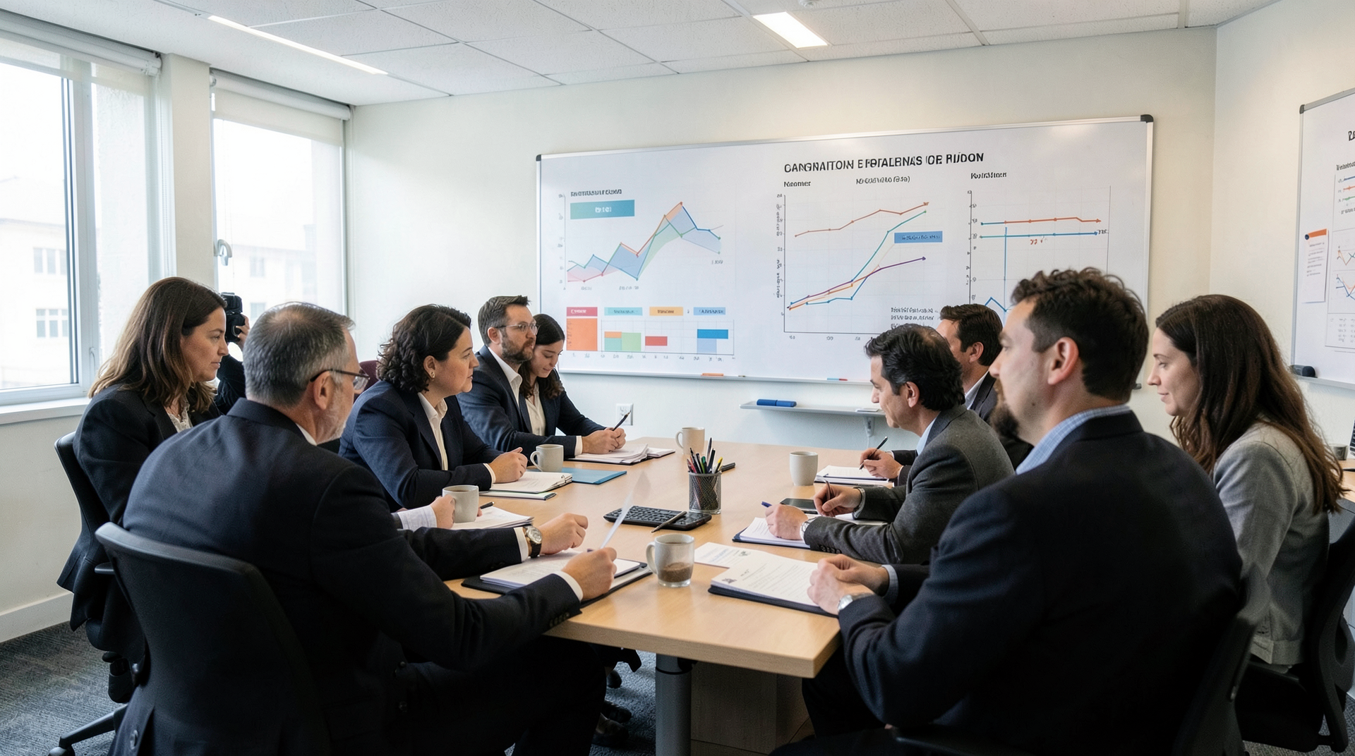 Military-style planning meeting with timeline charts on wall