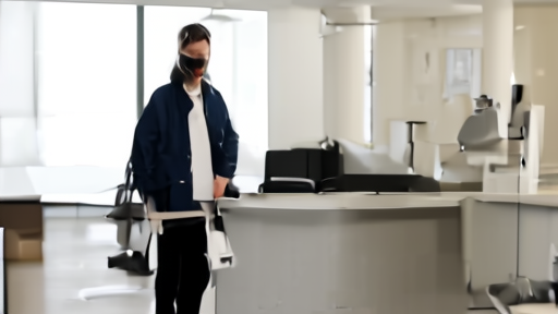 A person in a hard hat and lanyard standing at a law firm reception desk with a laptop bag