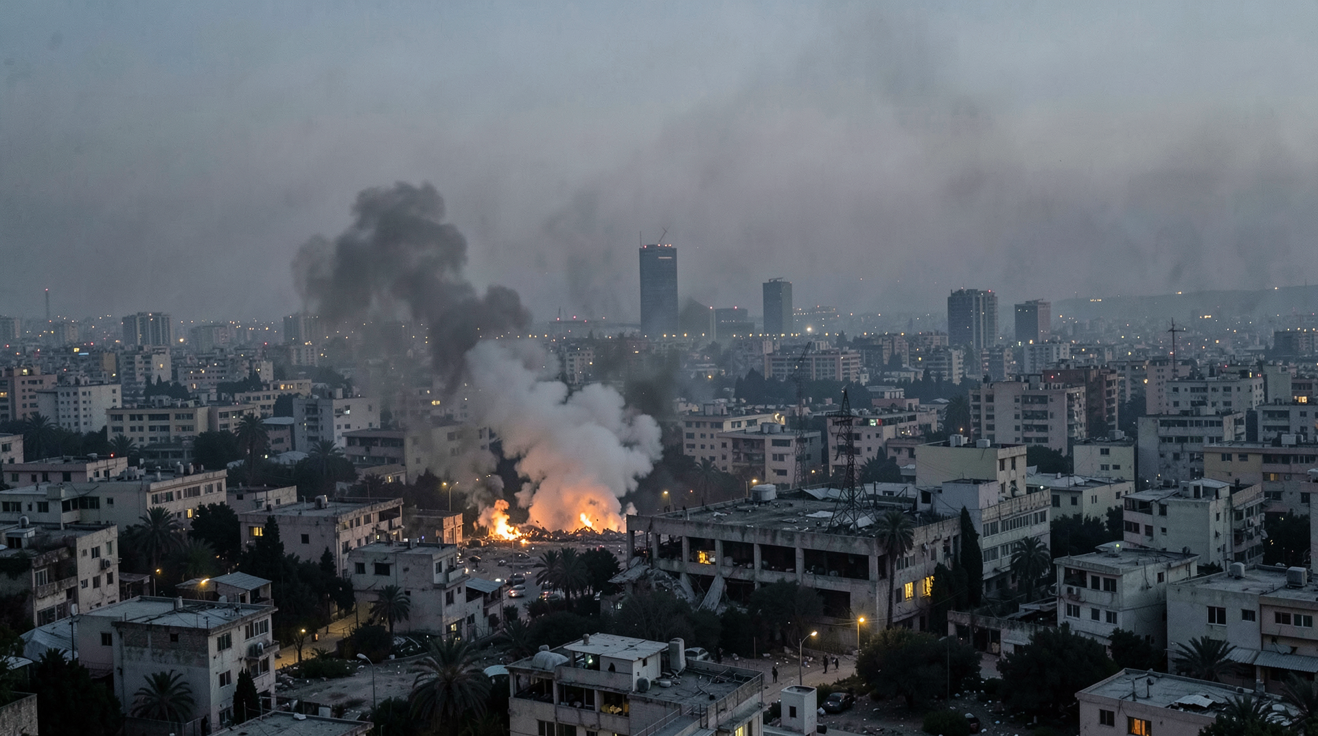Wide shot of Beirut's Dahieh skyline at dusk with smoke rising from a strike site, city lights flickering against the haze