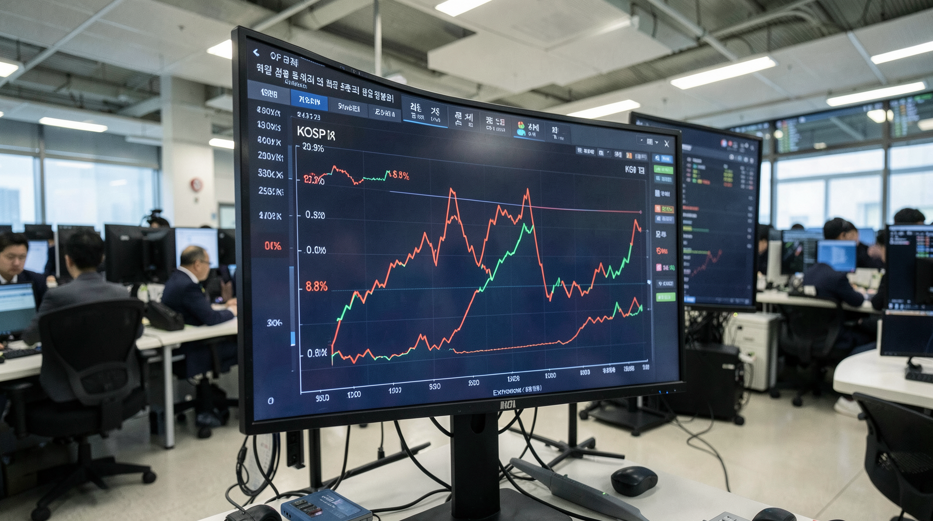 Red-dominated KOSPI trading board showing the 8.8% drop with circuit breaker halt notice visible on Korean Exchange monitor