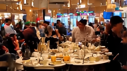 Busy restaurant interior with servers and diners under warm lighting