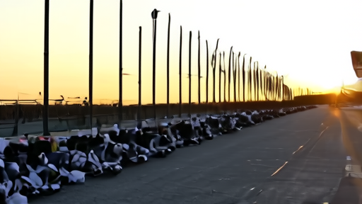 NASCAR pit road with memorial tributes and black flags during Memorial Day weekend