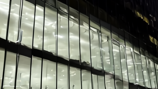 Modern office building at night with lit windows and OpenAI logo visible