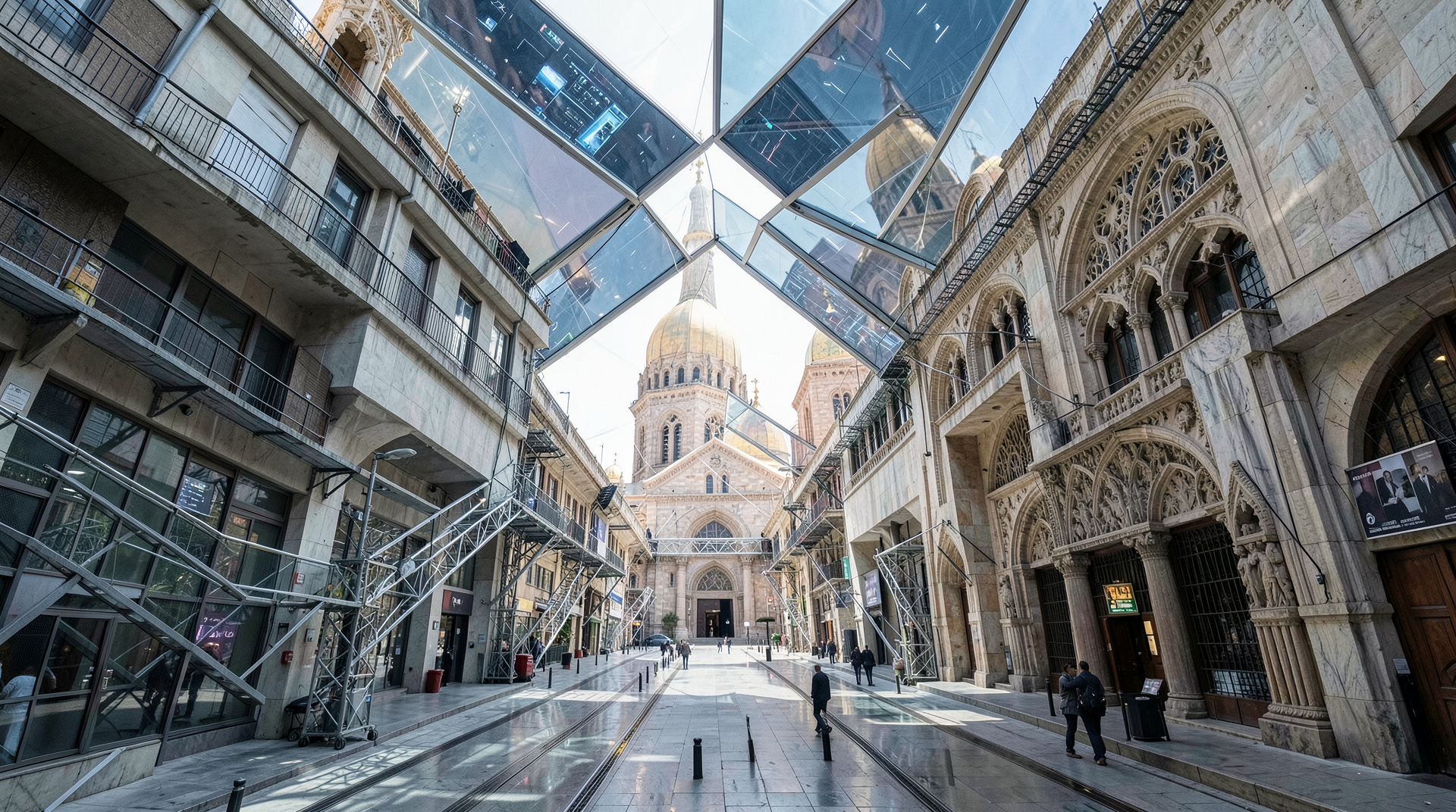 Abstract intersection of technology and religious architecture