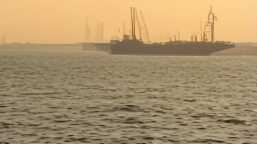 Oil tanker anchored near port at dawn with haze on horizon