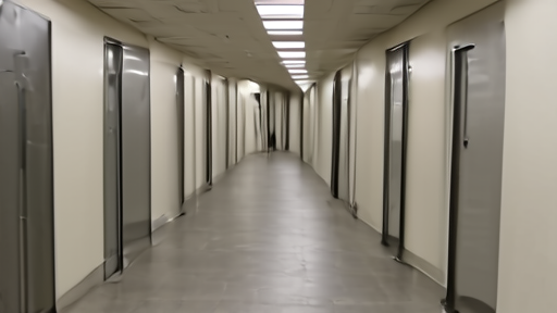 Empty government office hallway with closed doors and fluorescent lighting
