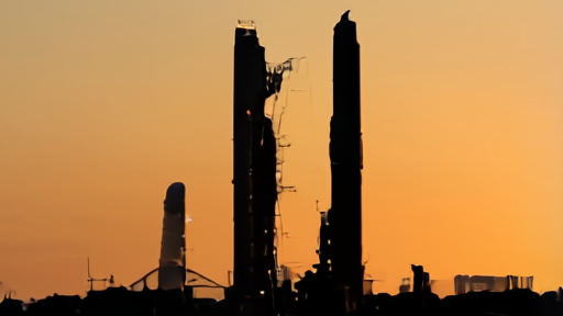 A Falcon 9 booster on the launchpad at dusk with a Wall Street trading floor reflected in the foreground