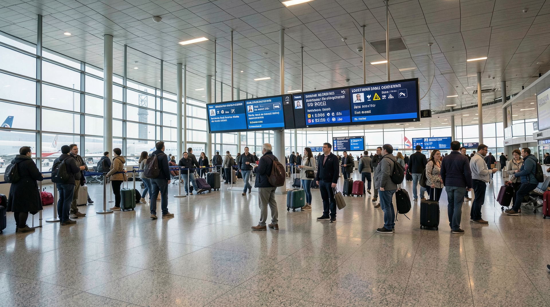 Travelers at airport terminal with health advisory screens