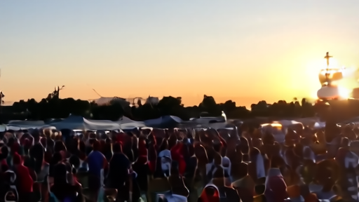 Outdoor music festival crowd at sunset with stage lights and food vendor tents
