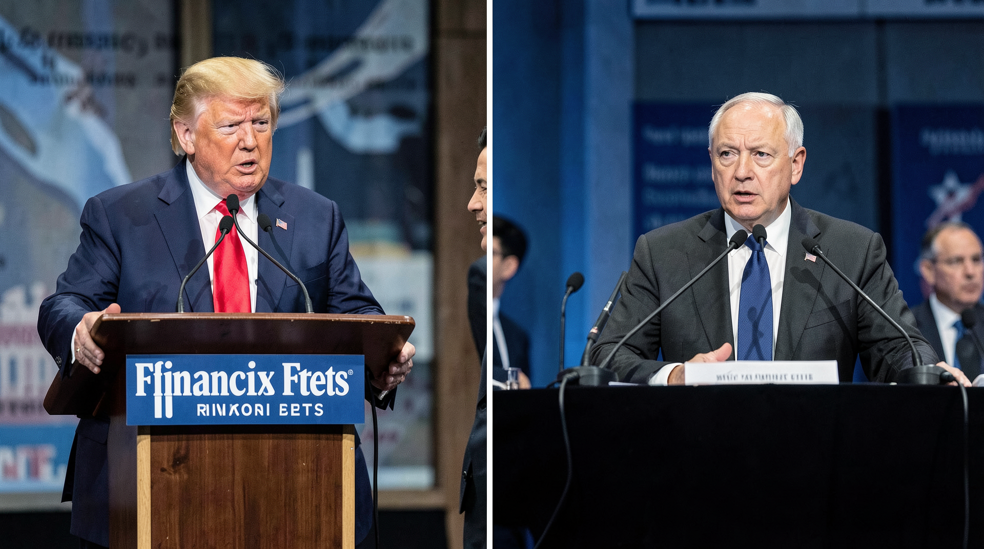 Split composition showing Trump at an FT interview podium on the left and Netanyahu at a press conference on the right with a visible gap between them