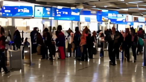 International travelers at airport with health screening signage and vaccination cards
