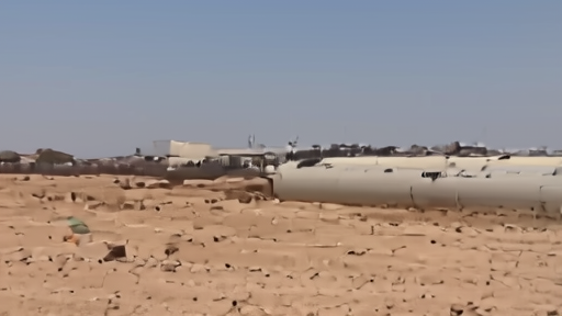 Construction crew working on large pipeline in desert terrain