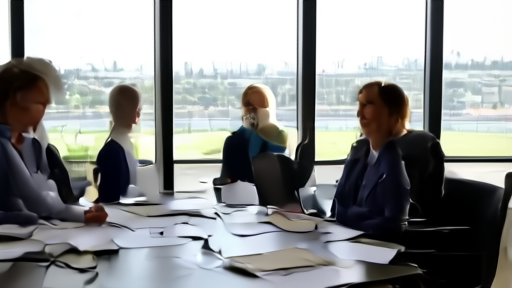 Women in business attire at a sports governance board meeting with stadium visible through window